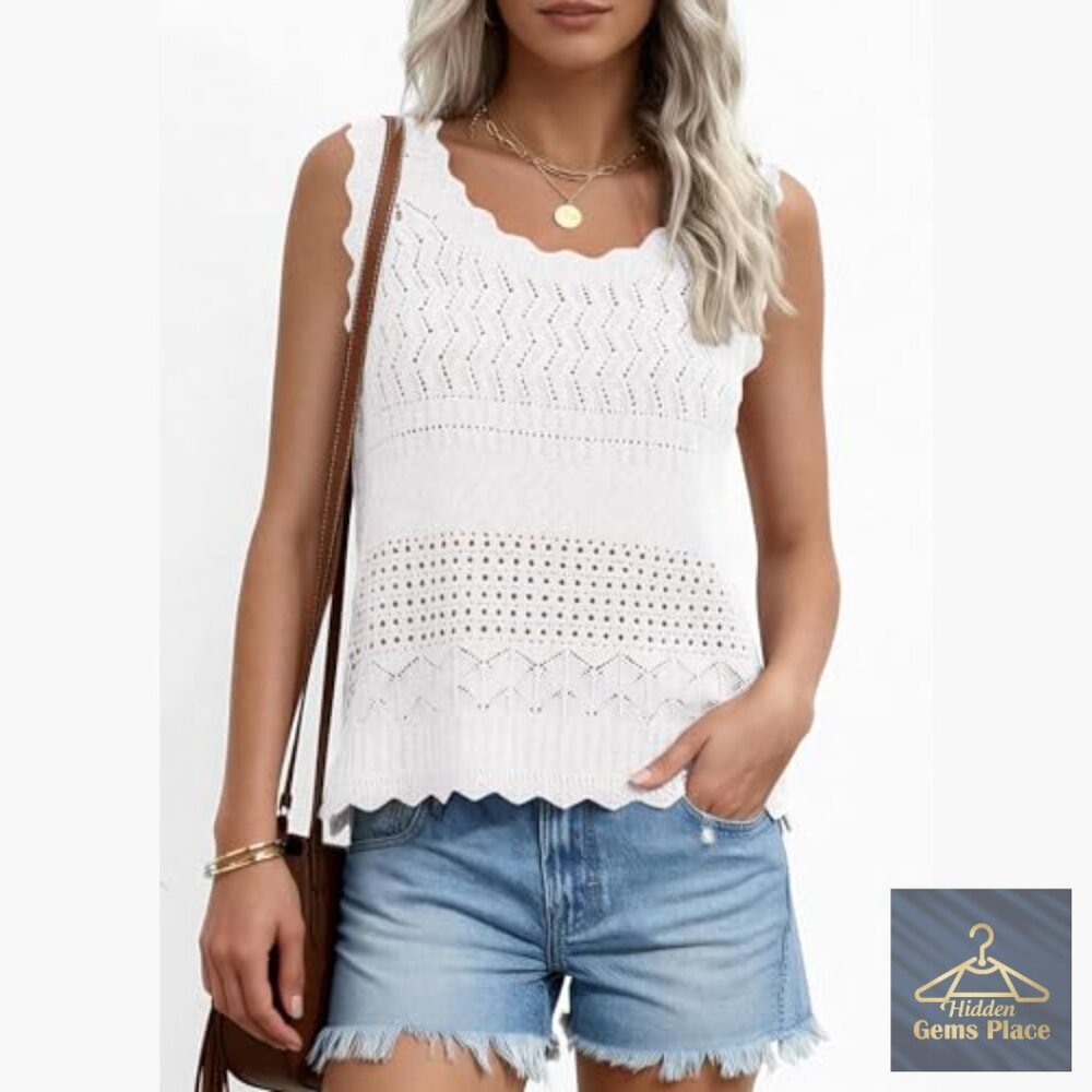 Crochet Tank Top Sleeveless Sweater Vest Boho Beach Vacation Wear - Picture 5 of 7